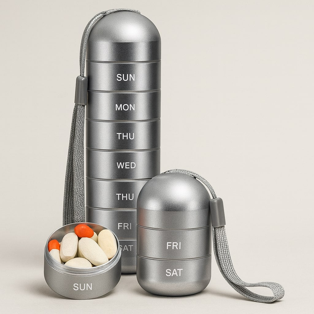 Aluminium Aufbewahrungsbox mit 7 Fächern | Reisebox für Tabletten & Vitamine | AluBox