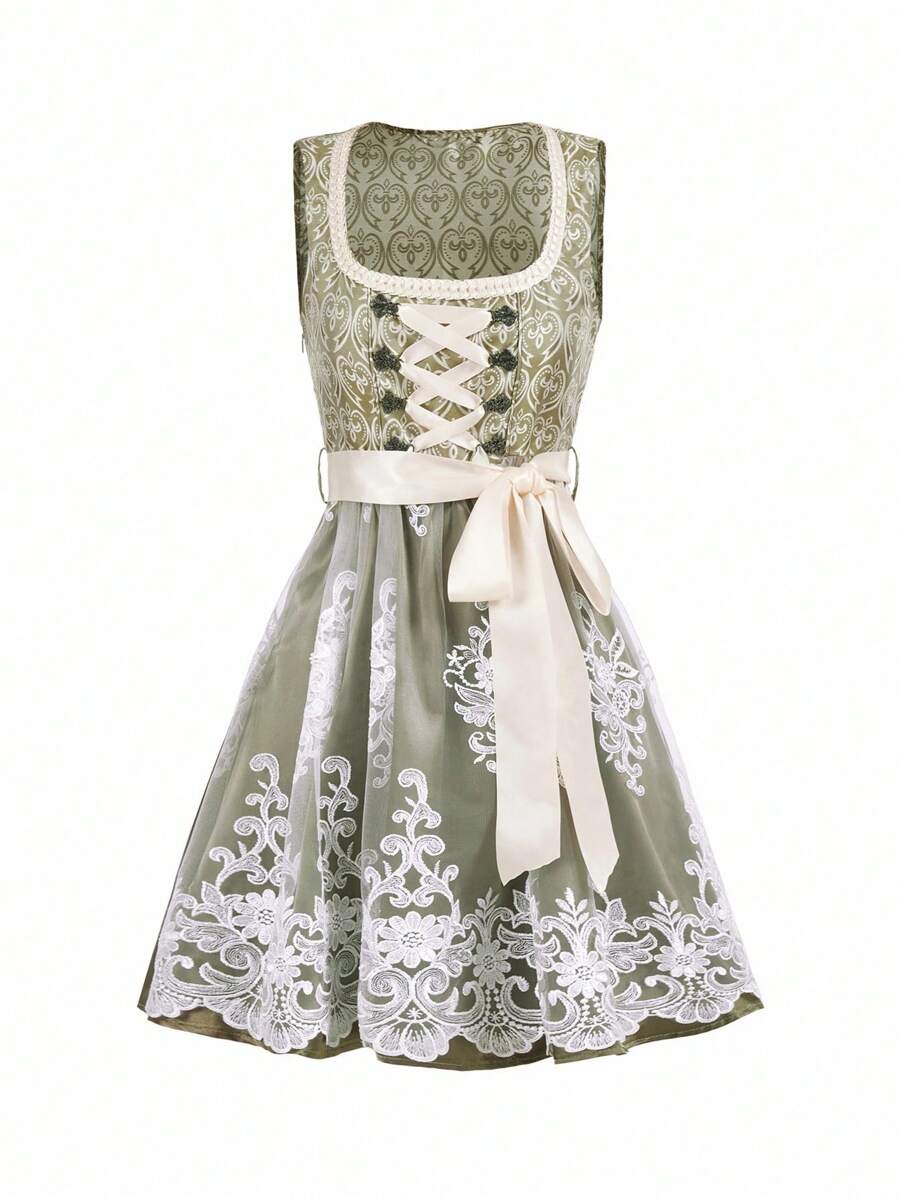 Damen Midi Dirndl mit Spitze & Schürze | Oktoberfest Trachtenkleid | DirndlGlanz