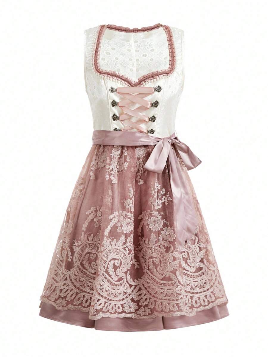 Damen Midi Dirndl mit Spitze & Schürze | Oktoberfest Trachtenkleid | DirndlGlanz