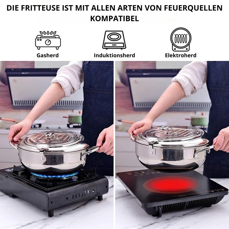 Fritteuse | Pfanne aus Edelstahl mit Thermometer | FrittierMeister