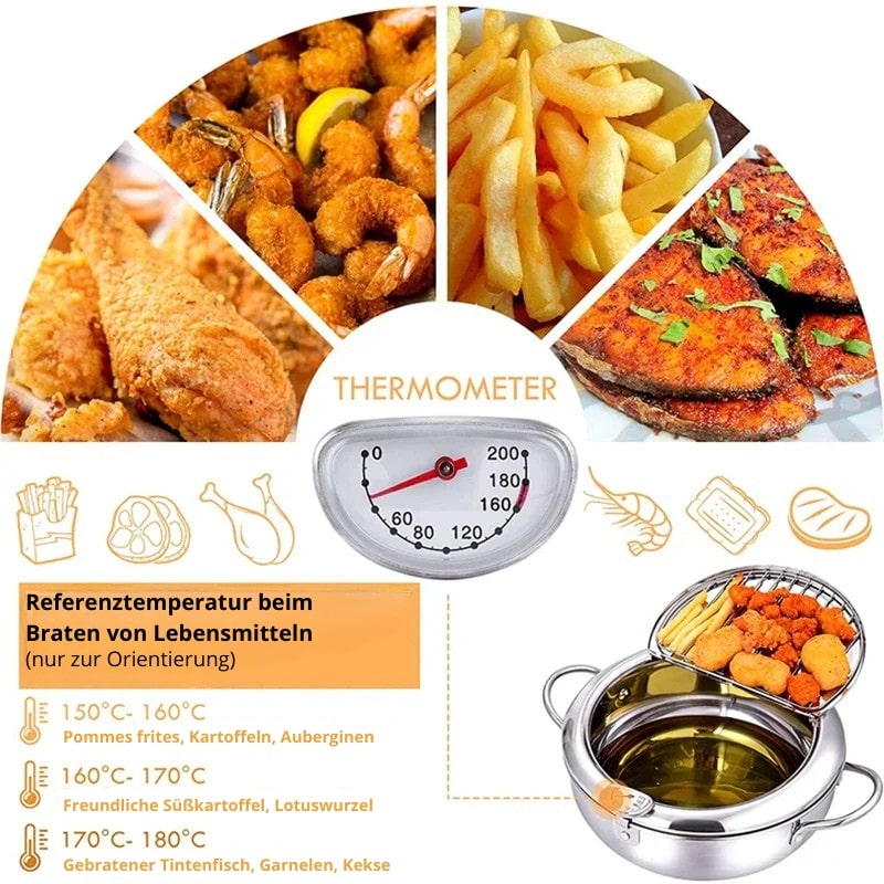 Fritteuse | Pfanne aus Edelstahl mit Thermometer | FrittierMeister
