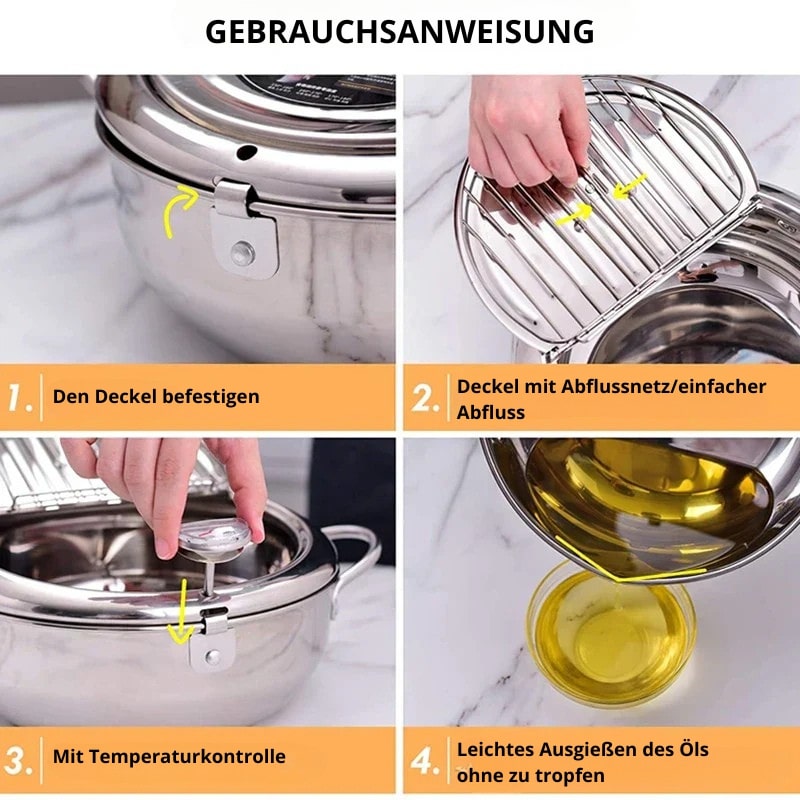 Fritteuse | Pfanne aus Edelstahl mit Thermometer | FrittierMeister