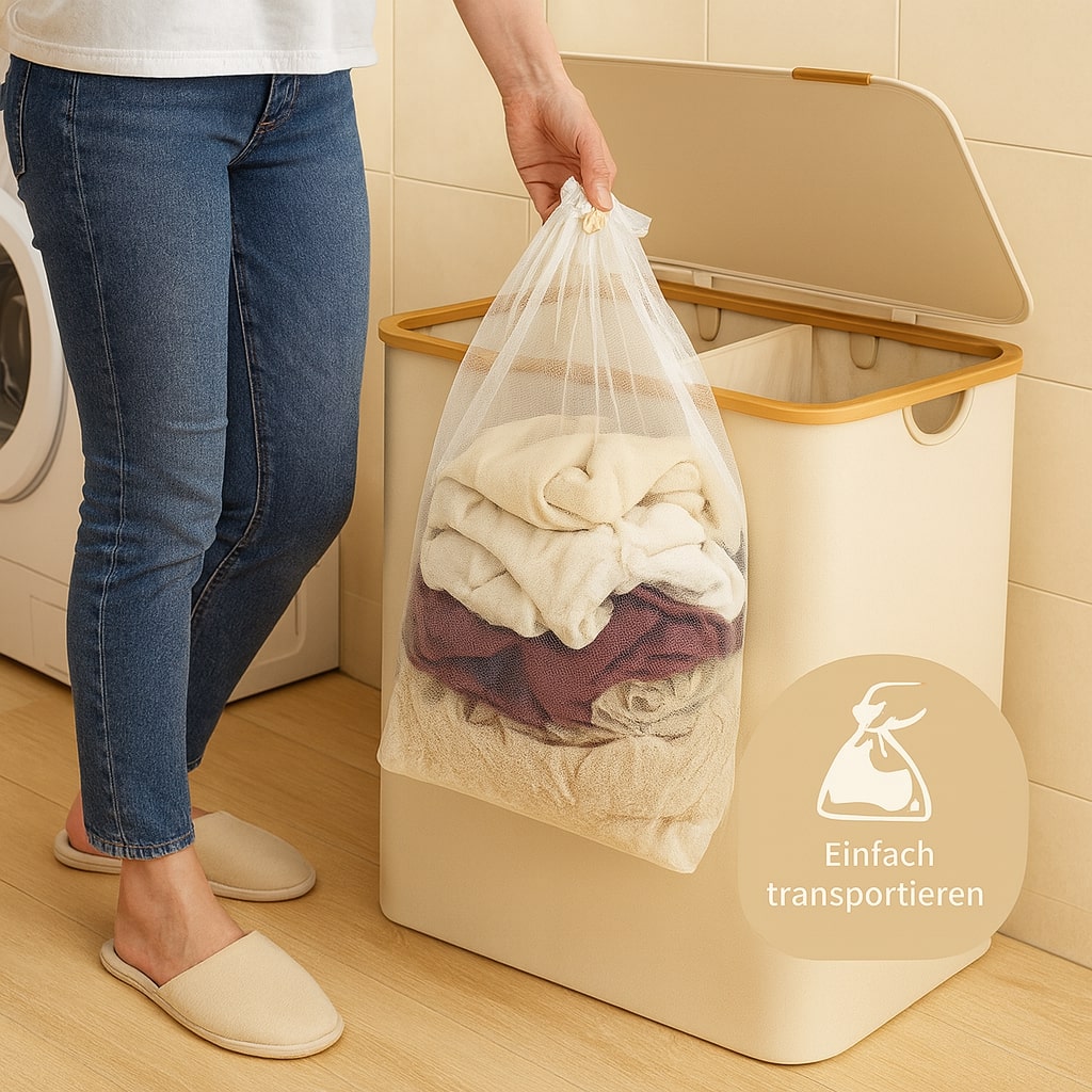 Wäschekorb mit Deckel | Wäschesammler mit 3 Fächern in Schwarz, Beige & Grau | WäscheBox