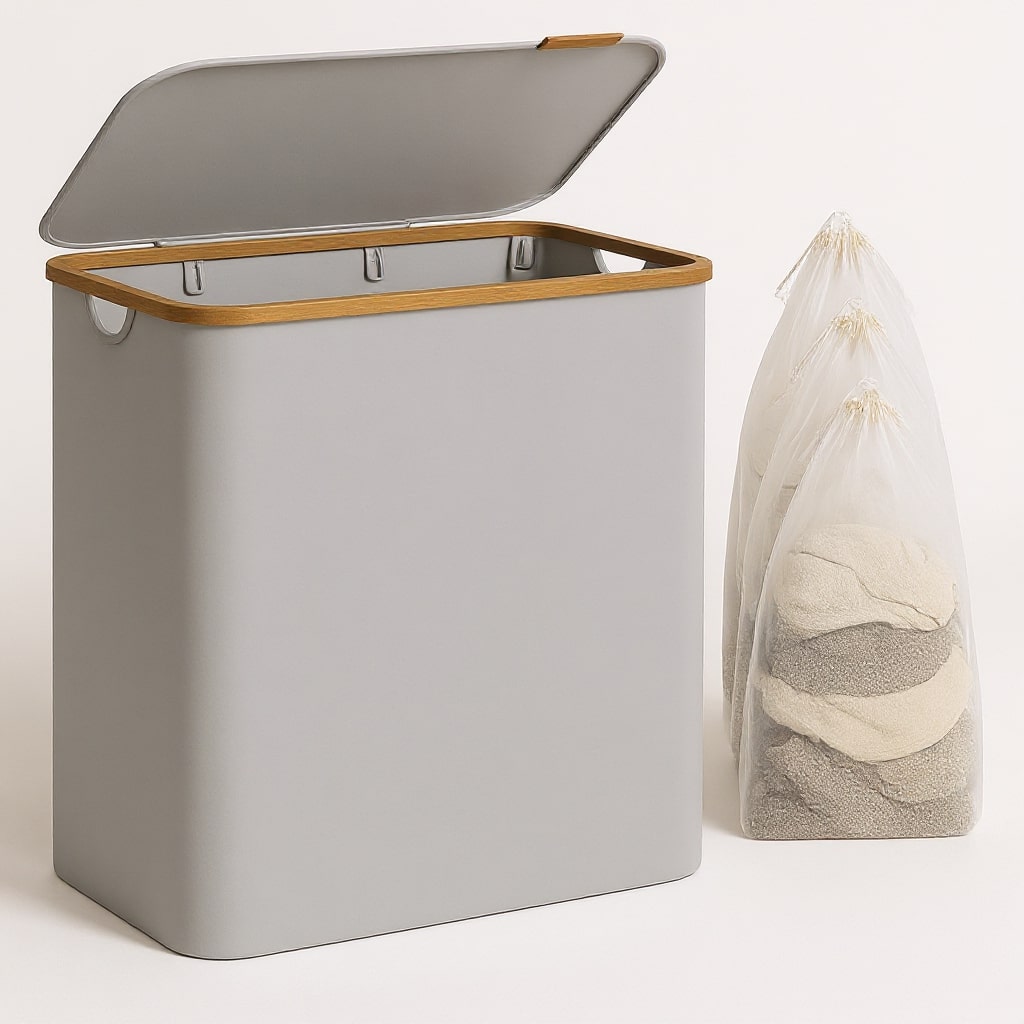 Wäschekorb mit Deckel | Wäschesammler mit 3 Fächern in Schwarz, Beige & Grau | WäscheBox