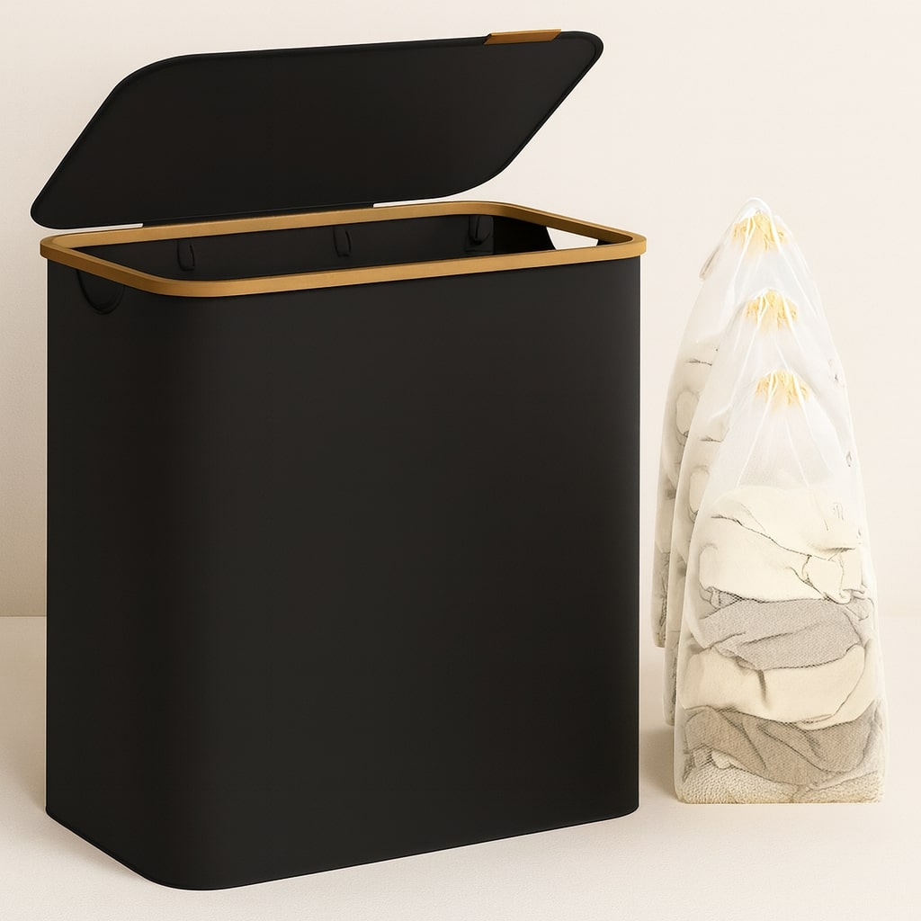 Wäschekorb mit Deckel | Wäschesammler mit 3 Fächern in Schwarz, Beige & Grau | WäscheBox
