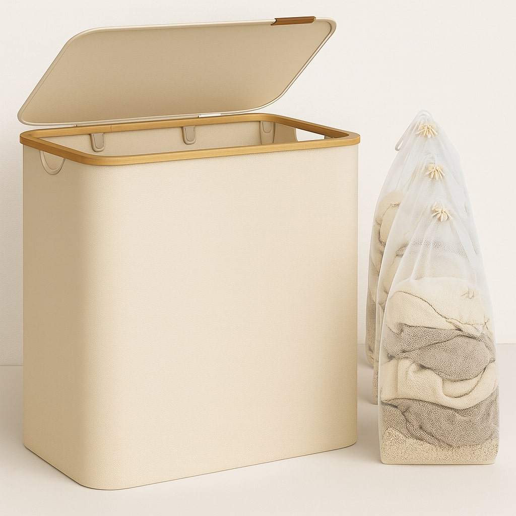 Wäschekorb mit Deckel | Wäschesammler mit 3 Fächern in Schwarz, Beige & Grau | WäscheBox