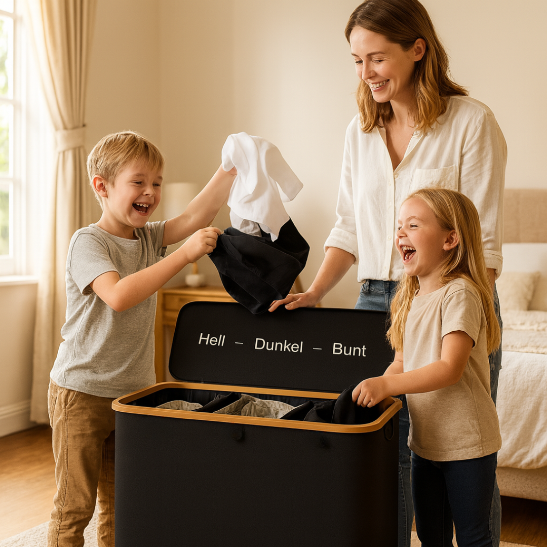 Wäschekorb mit Deckel | Wäschesammler mit 3 Fächern in Schwarz, Beige & Grau | WäscheBox